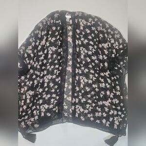 Lauren Conrad Shawl Womens OS Black Pink Floral Boho Feminine Tassled‎ Lagenlook